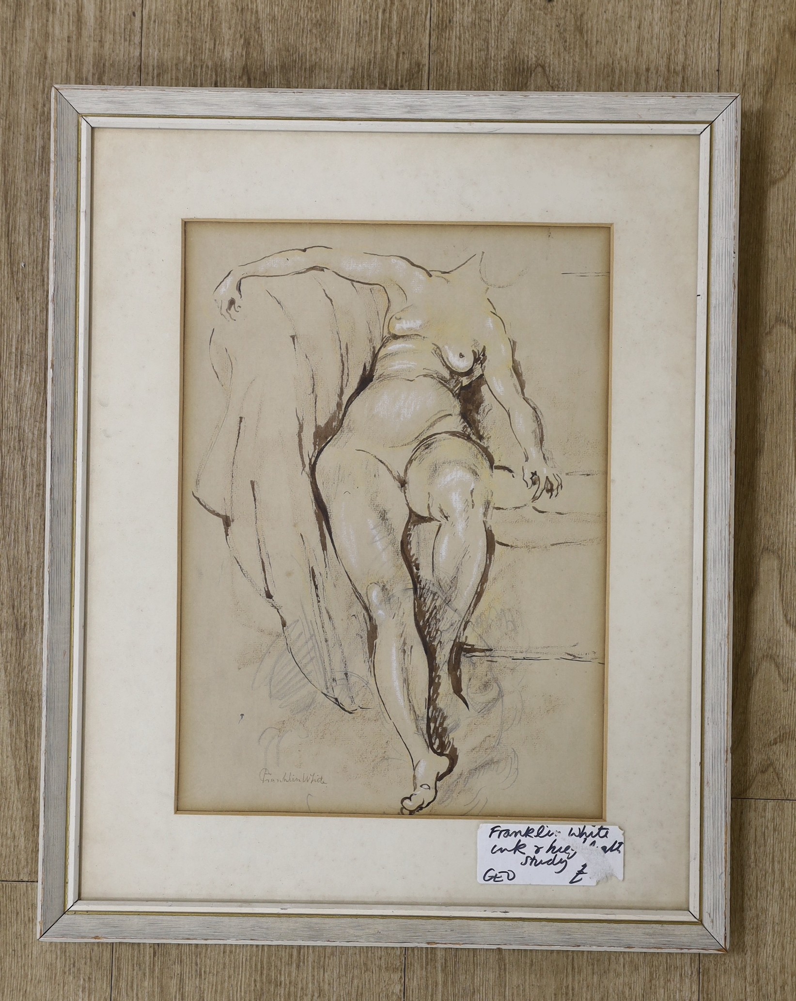 Franklin White (1892-1975), sepia ink and chalk, 'Leaning figure', signed, 36 x 26cm